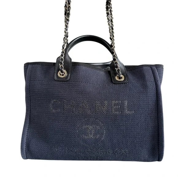 🎉SOLD🎉Authentic Chanel Medium Deauville Blue Cloth Tote with Timeless Elegance - Picture 1 of 8